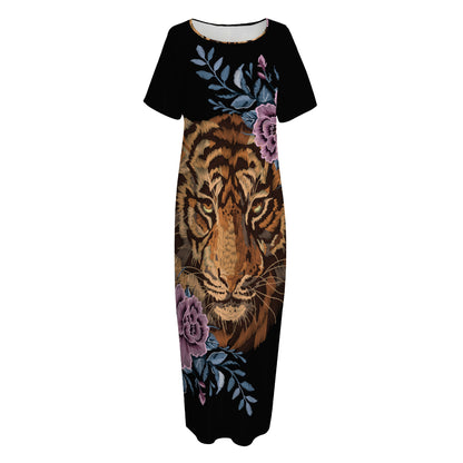 Embroidery Tiger And Flower Print Short Sleeve Long Nightdress