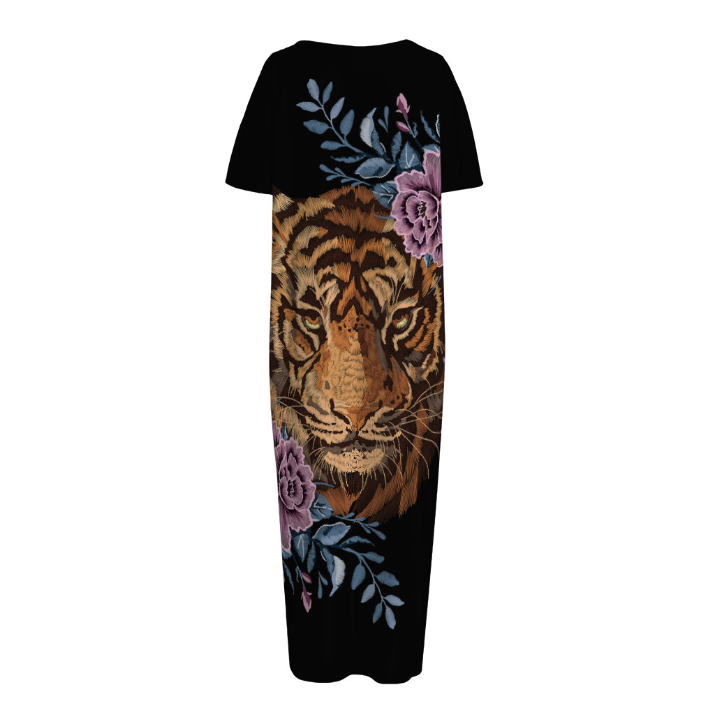 Embroidery Tiger And Flower Print Short Sleeve Long Nightdress