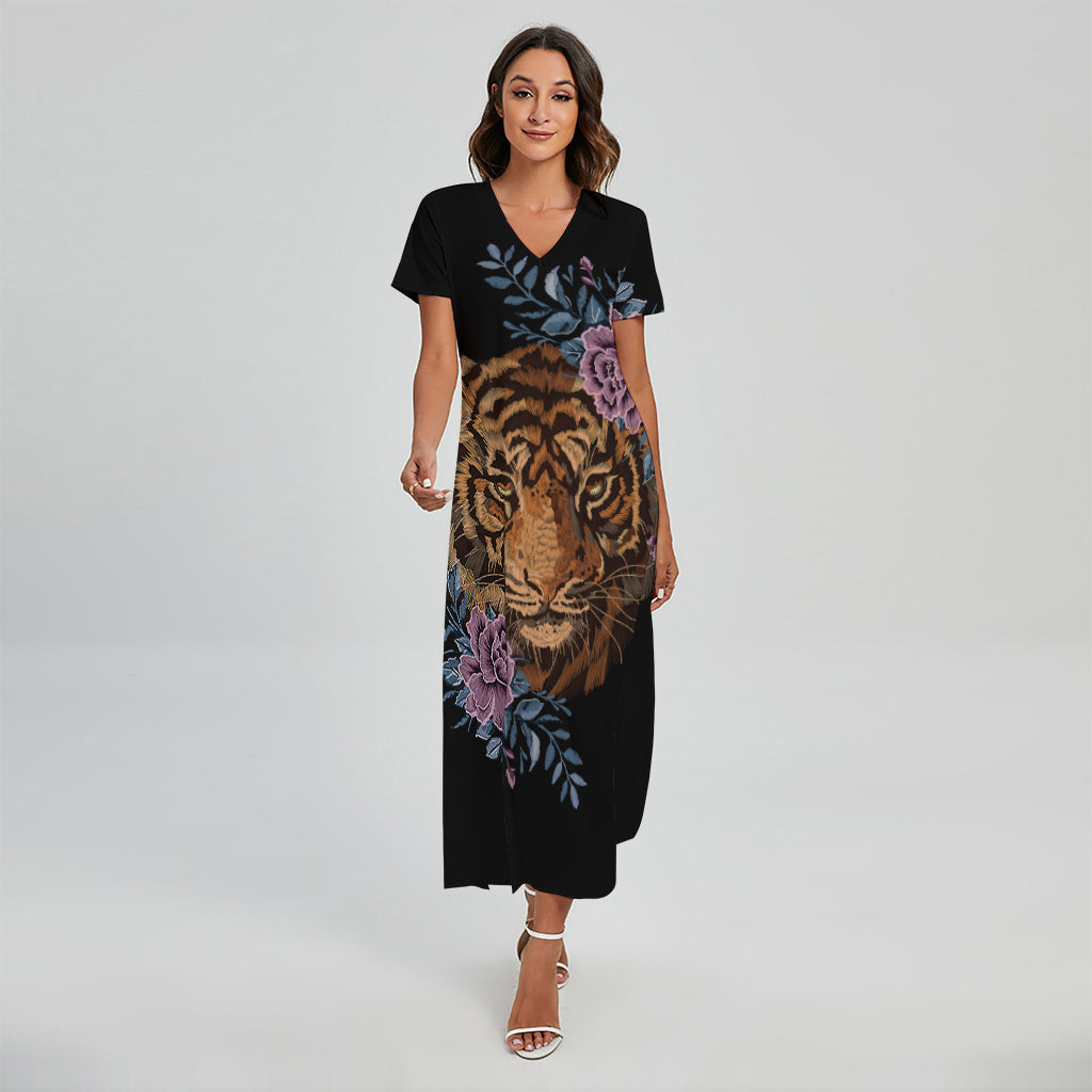 Embroidery Tiger And Flower Print Short Sleeve Maxi Dress