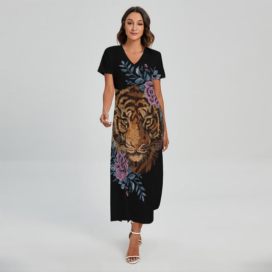 Embroidery Tiger And Flower Print Short Sleeve Maxi Dress