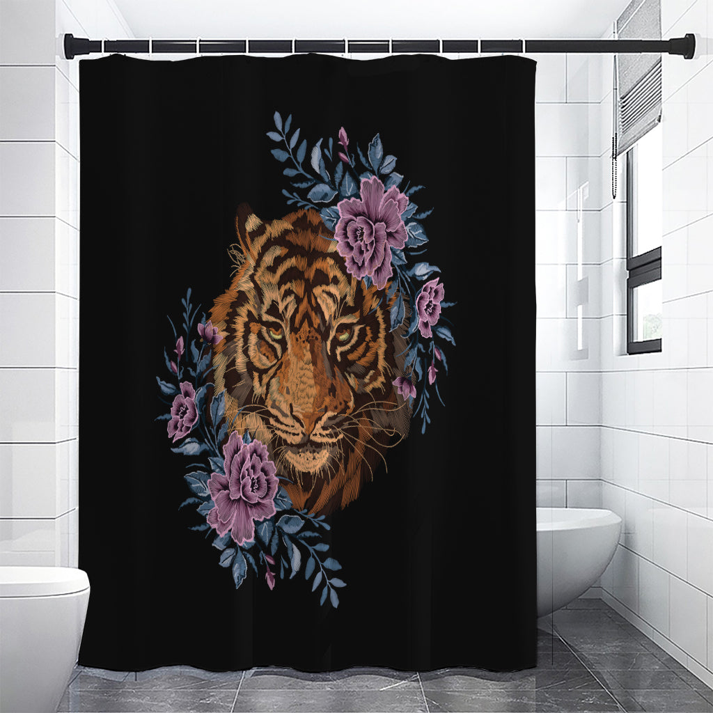 Embroidery Tiger And Flower Print Shower Curtain