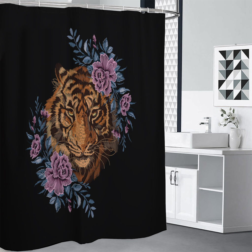 Embroidery Tiger And Flower Print Shower Curtain