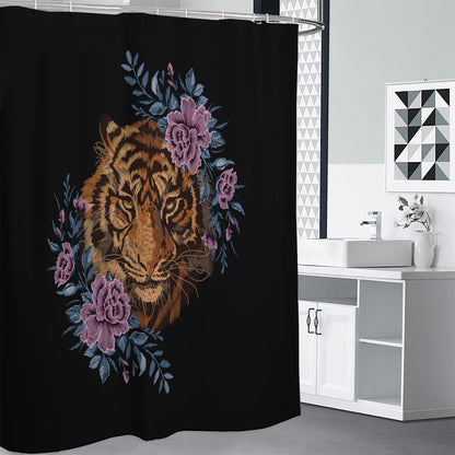 Embroidery Tiger And Flower Print Shower Curtain