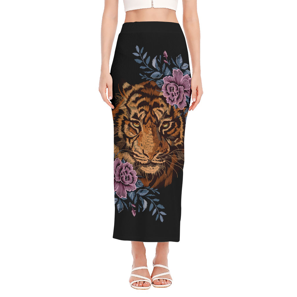 Embroidery Tiger And Flower Print Side Slit Maxi Skirt