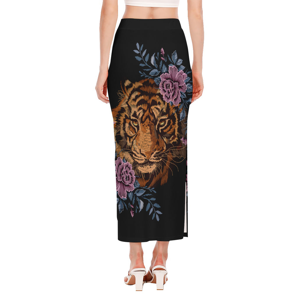 Embroidery Tiger And Flower Print Side Slit Maxi Skirt