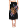 Embroidery Tiger And Flower Print Side Slit Midi Skirt