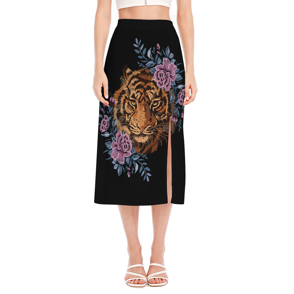 Embroidery Tiger And Flower Print Side Slit Midi Skirt
