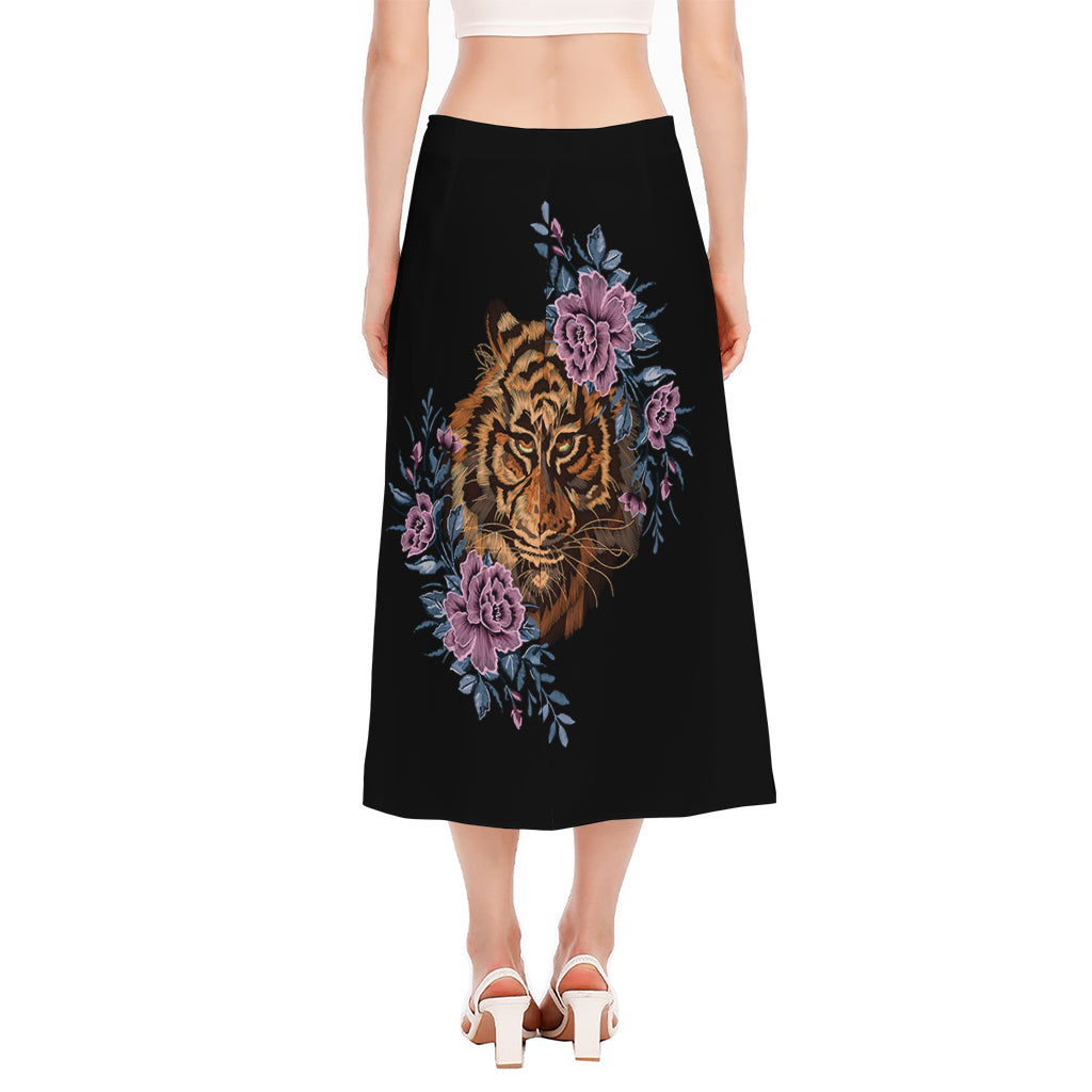 Embroidery Tiger And Flower Print Side Slit Midi Skirt