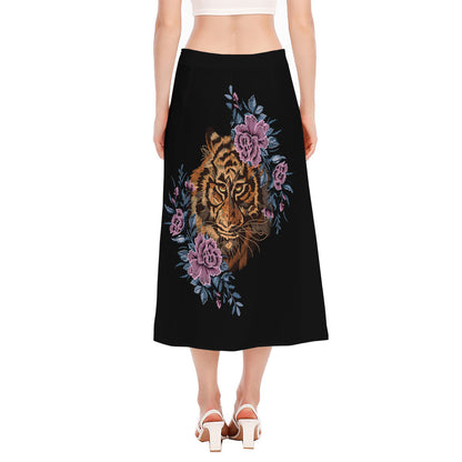 Embroidery Tiger And Flower Print Side Slit Midi Skirt