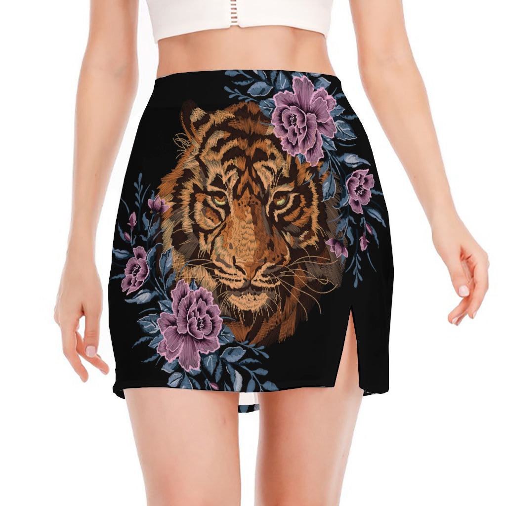 Embroidery Tiger And Flower Print Side Slit Mini Skirt