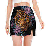 Embroidery Tiger And Flower Print Side Slit Mini Skirt