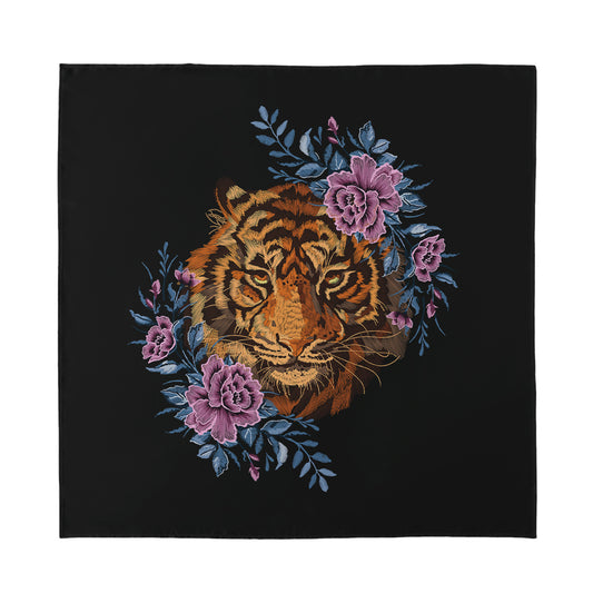 Embroidery Tiger And Flower Print Silk Bandana