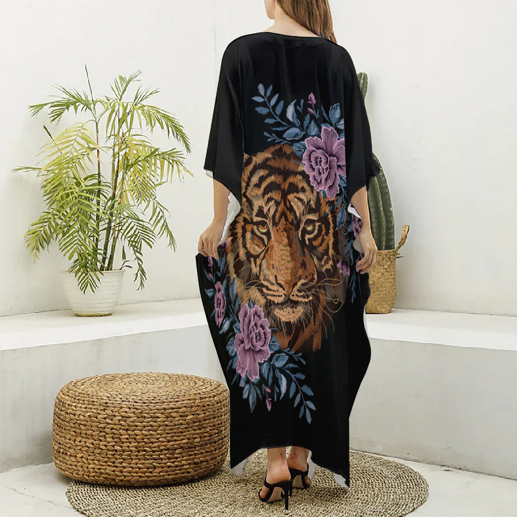 Embroidery Tiger And Flower Print Silk V-Neck Kaftan Dress