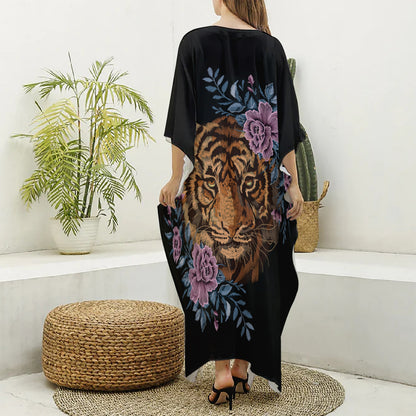 Embroidery Tiger And Flower Print Silk V-Neck Kaftan Dress