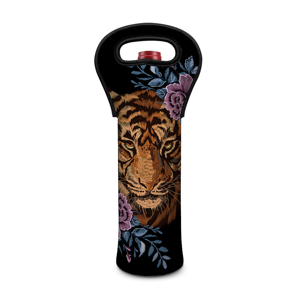 Embroidery Tiger And Flower Print Single Neoprene Wine Tote