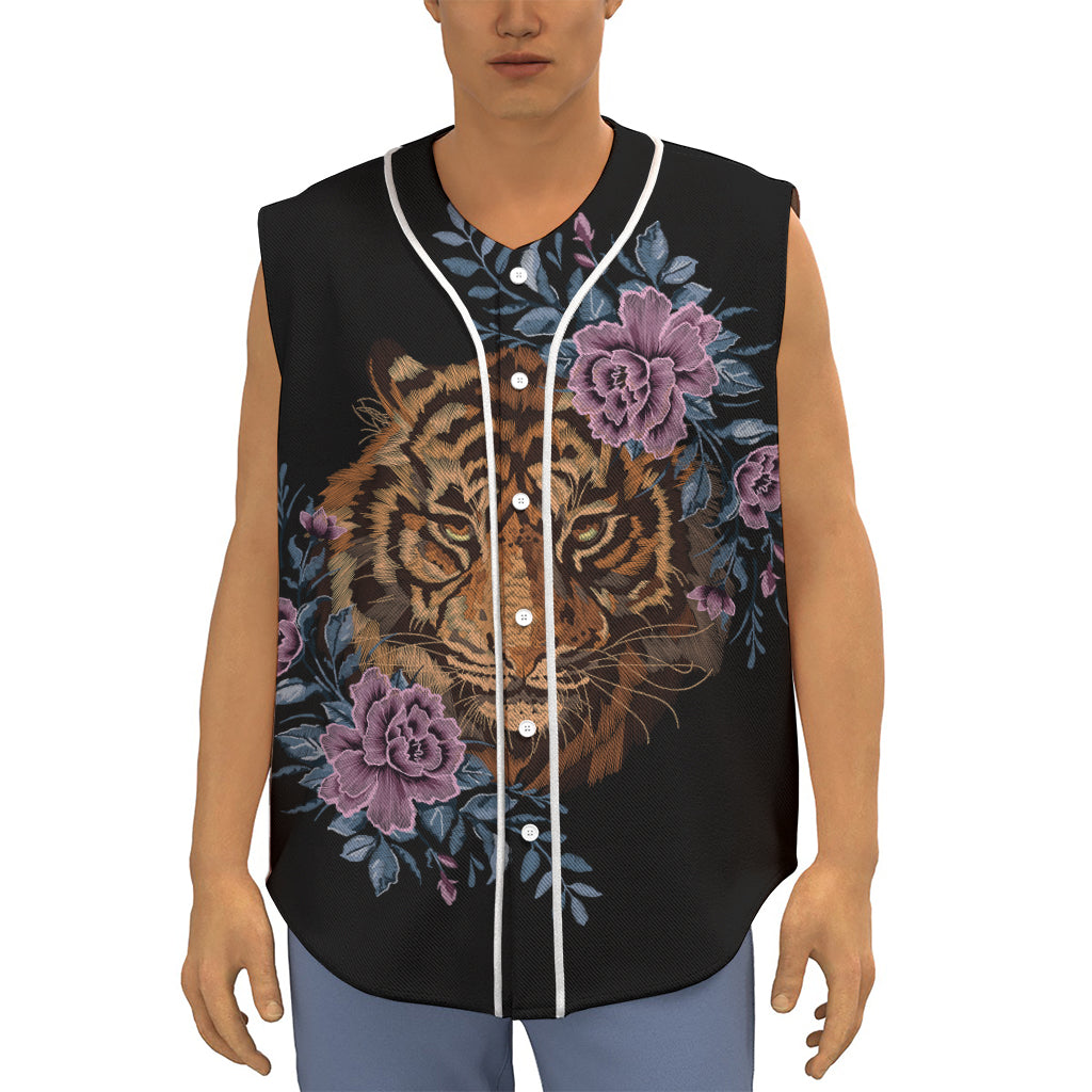 Embroidery Tiger And Flower Print Sleeveless Baseball Jersey