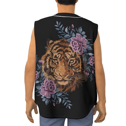 Embroidery Tiger And Flower Print Sleeveless Baseball Jersey