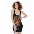 Embroidery Tiger And Flower Print Sleeveless Bodycon Dress