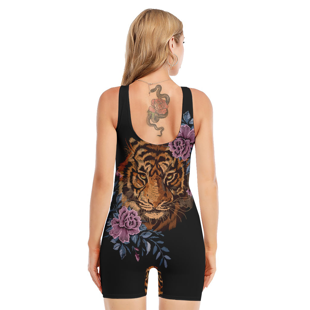 Embroidery Tiger And Flower Print Sleeveless One Piece Swimsuit