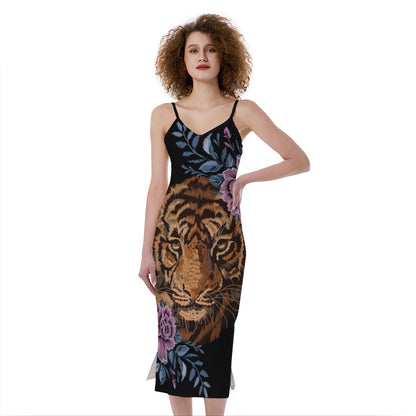 Embroidery Tiger And Flower Print Slim Fit Midi Cami Dress