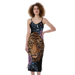 Embroidery Tiger And Flower Print Slim Fit Midi Cami Dress