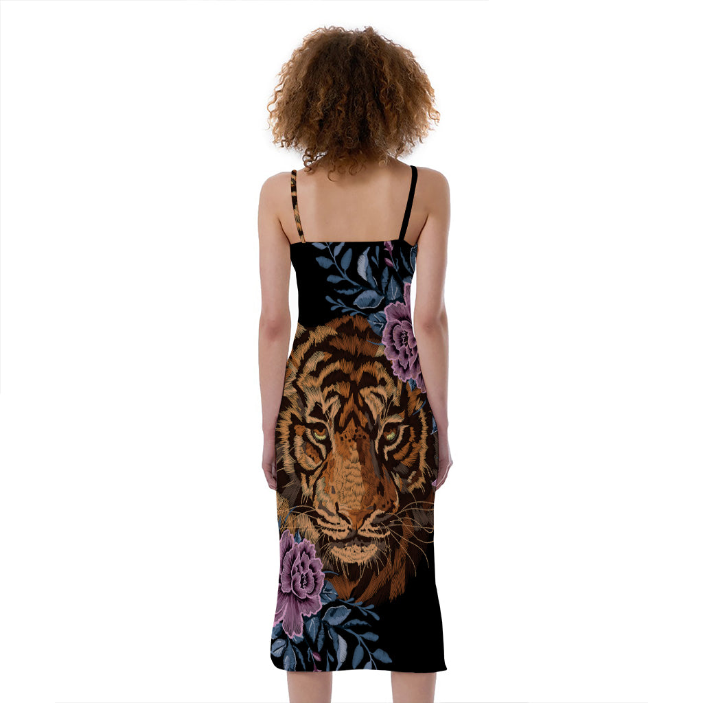 Embroidery Tiger And Flower Print Slim Fit Midi Cami Dress
