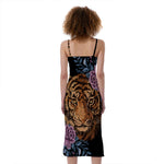 Embroidery Tiger And Flower Print Slim Fit Midi Cami Dress