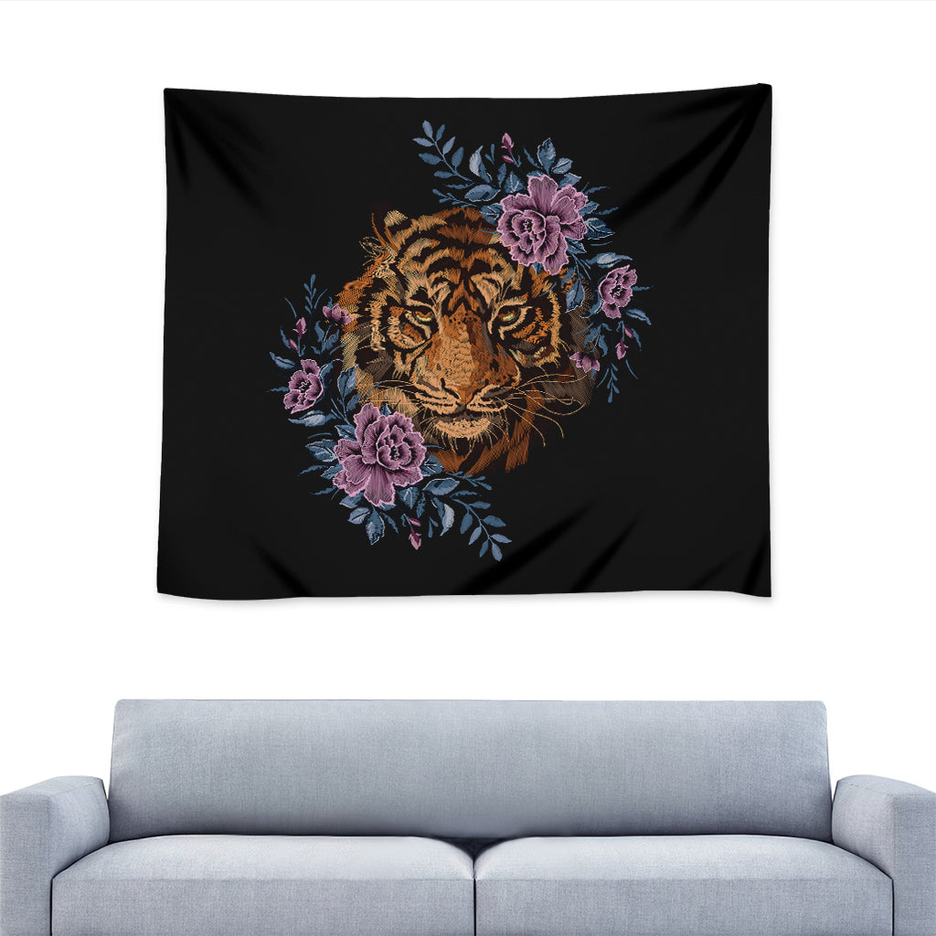 Embroidery Tiger And Flower Print Tapestry