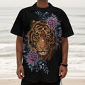 Embroidery Tiger And Flower Print Textured Short Sleeve Shirt