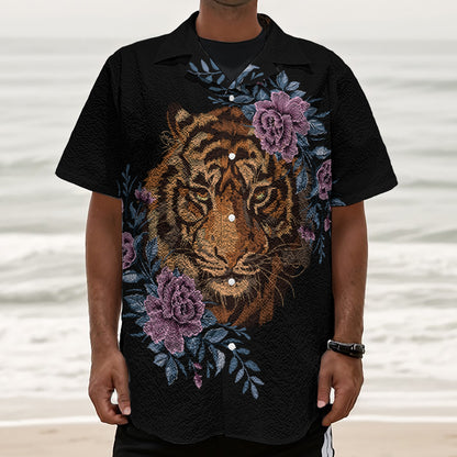 Embroidery Tiger And Flower Print Textured Short Sleeve Shirt