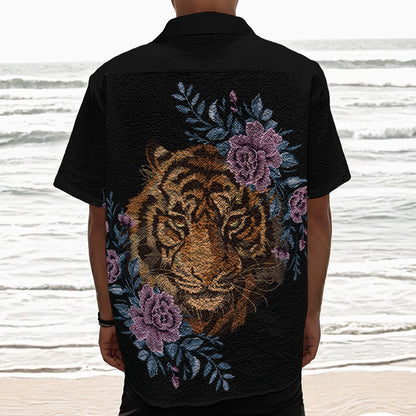 Embroidery Tiger And Flower Print Textured Short Sleeve Shirt