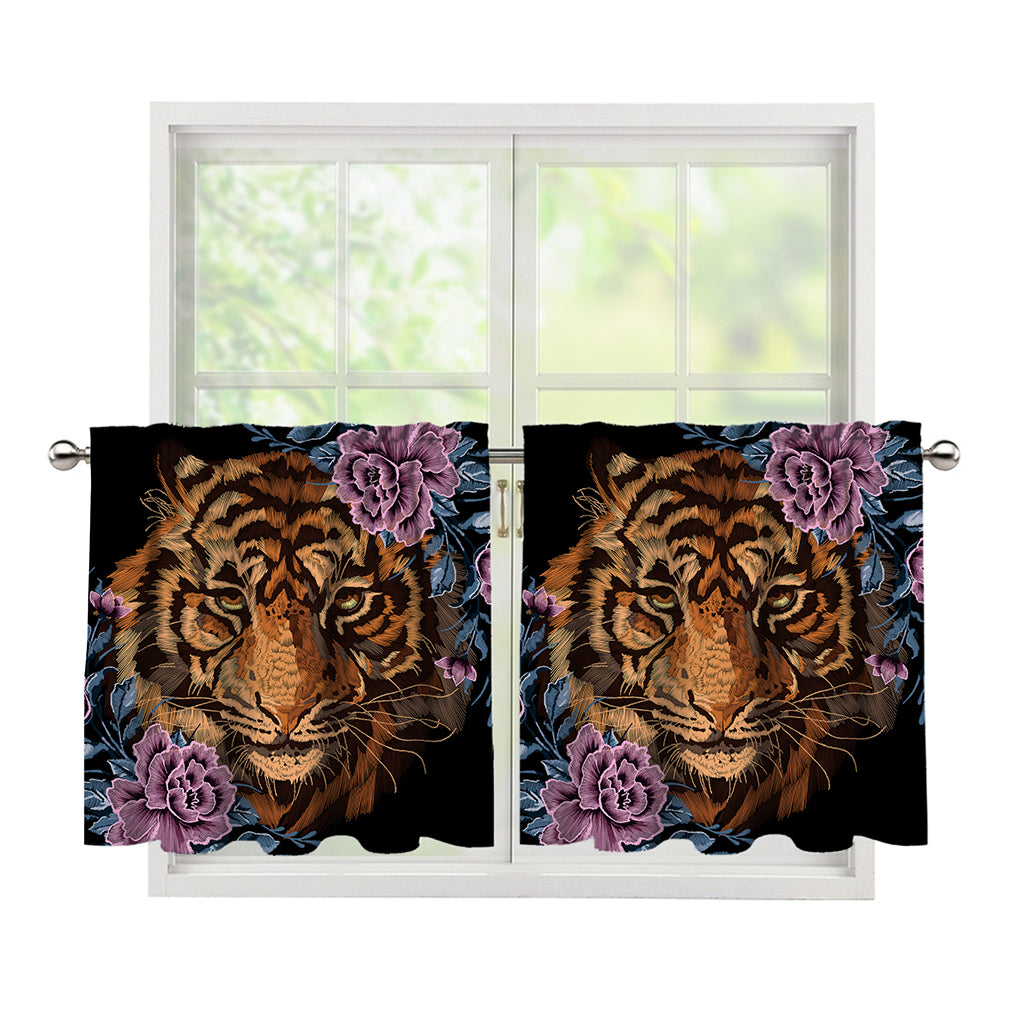 Embroidery Tiger And Flower Print Tier Curtains