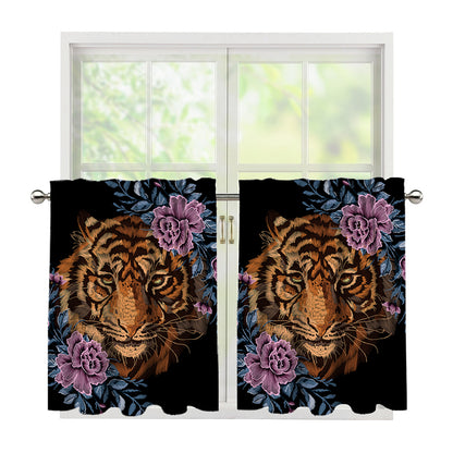 Embroidery Tiger And Flower Print Tier Curtains
