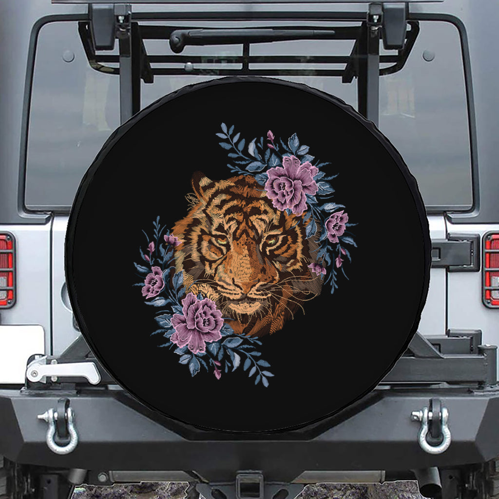 Embroidery Tiger And Flower Print Tire Cover