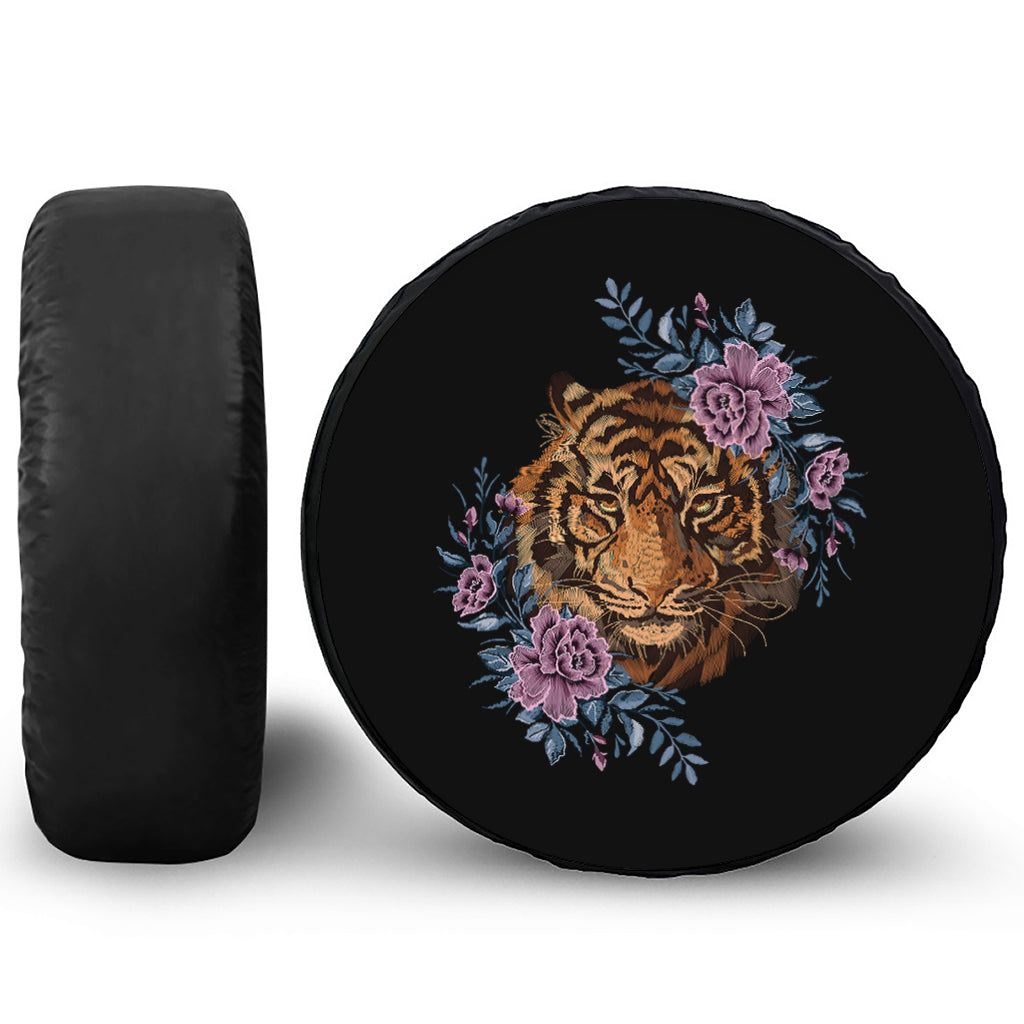 Embroidery Tiger And Flower Print Tire Cover