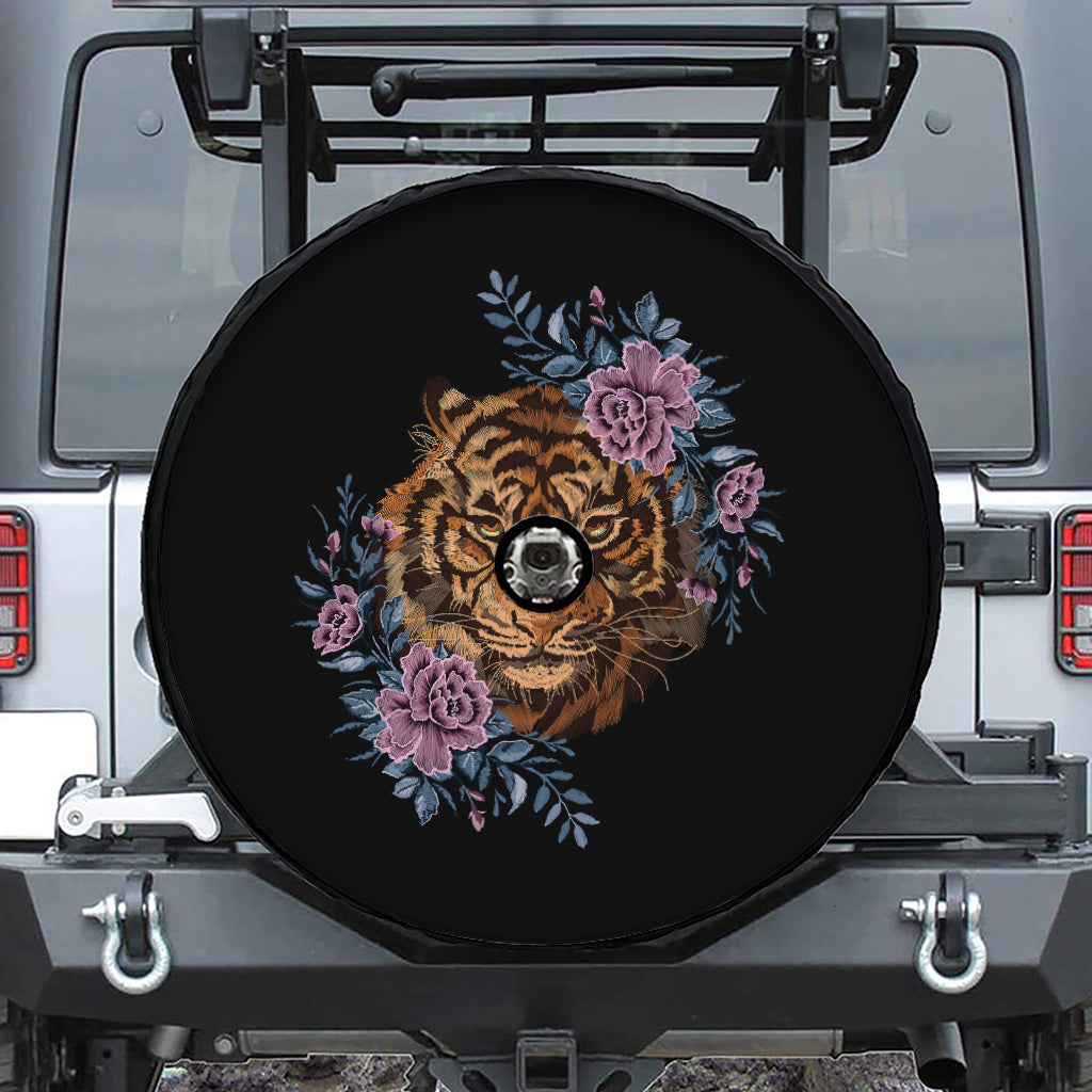 Embroidery Tiger And Flower Print Tire Cover With Camera Hole