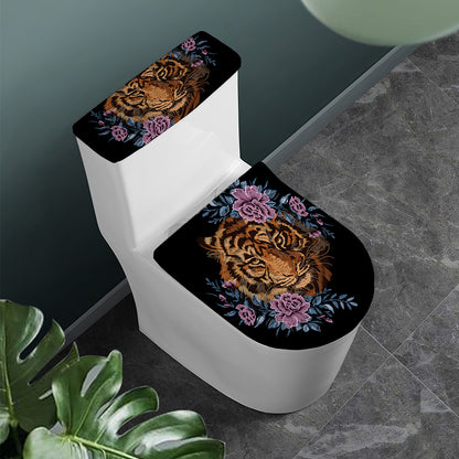 Embroidery Tiger And Flower Print Toilet Lid And Tank Cover Set