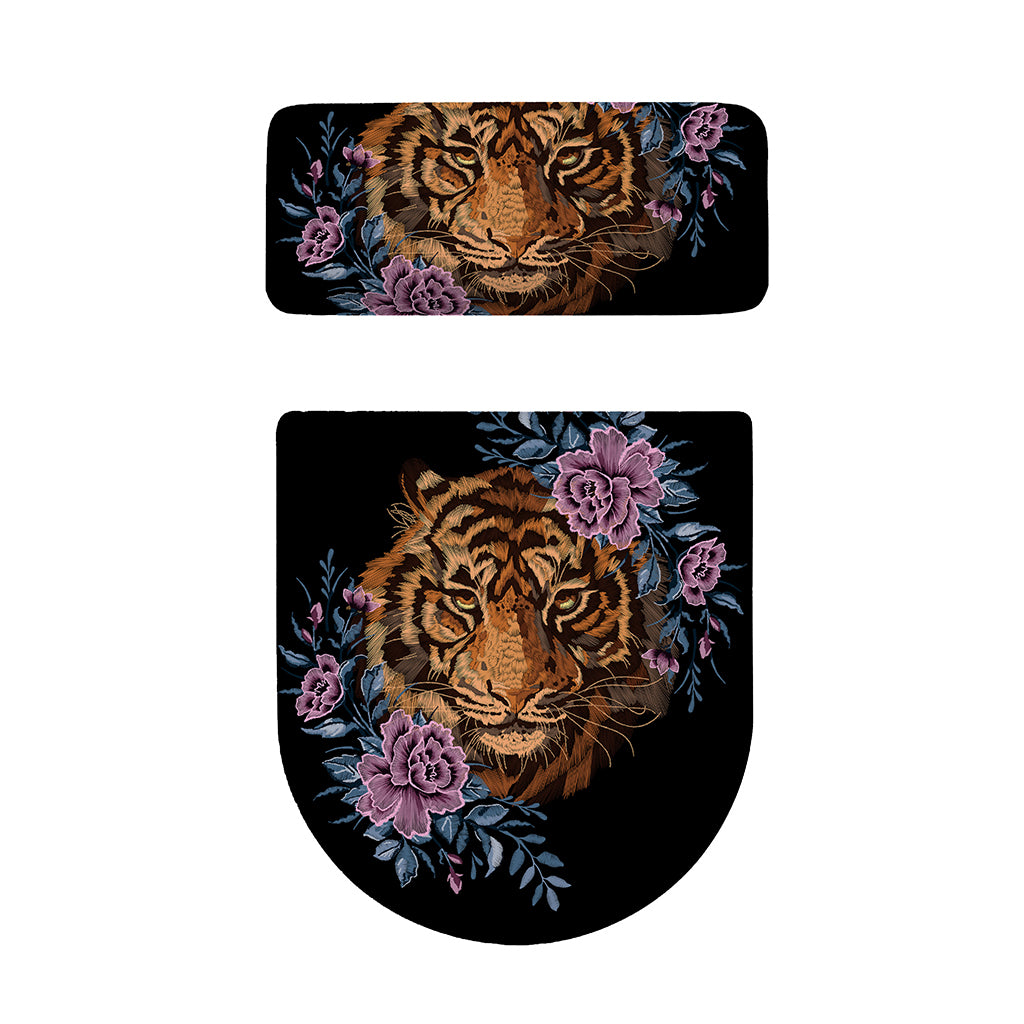 Embroidery Tiger And Flower Print Toilet Lid And Tank Cover Set