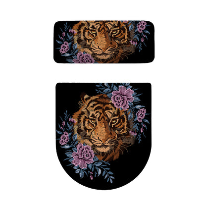 Embroidery Tiger And Flower Print Toilet Lid And Tank Cover Set