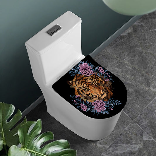 Embroidery Tiger And Flower Print Toilet Lid Cover