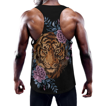 Embroidery Tiger And Flower Print Training Tank Top