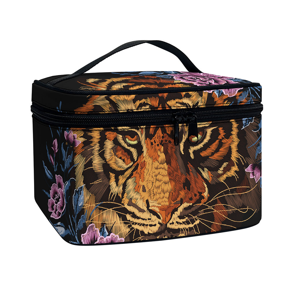 Embroidery Tiger And Flower Print Travel Makeup Bag