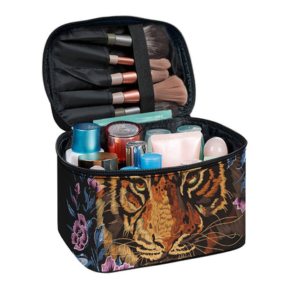 Embroidery Tiger And Flower Print Travel Makeup Bag