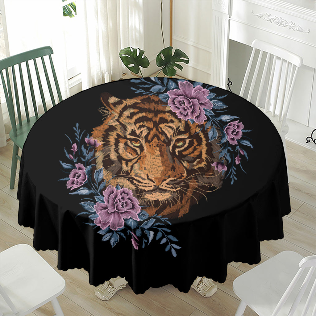 Embroidery Tiger And Flower Print Waterproof Round Tablecloth