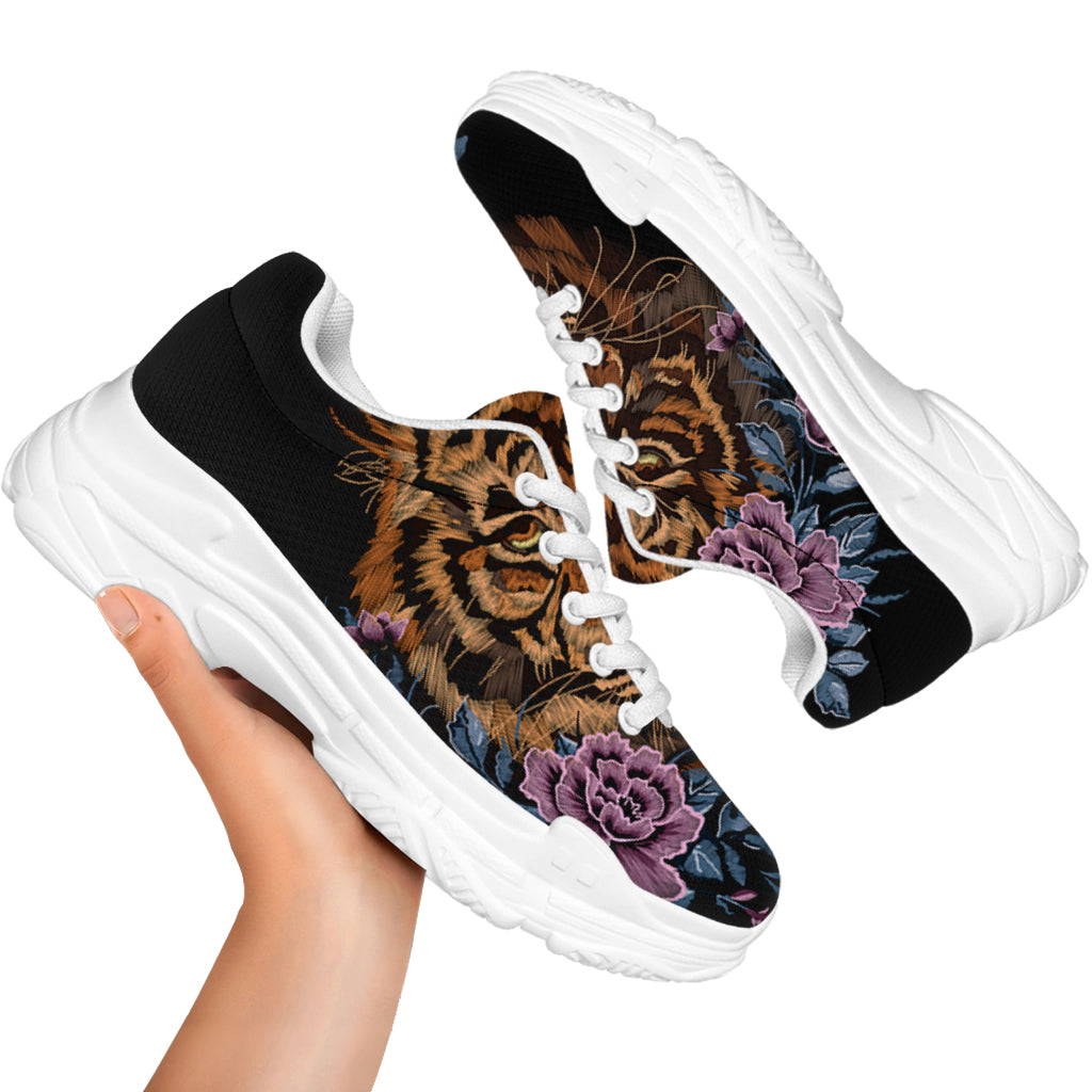 Embroidery Tiger And Flower Print White Chunky Shoes