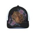Embroidery Tiger And Flower Print White Mesh Trucker Hat