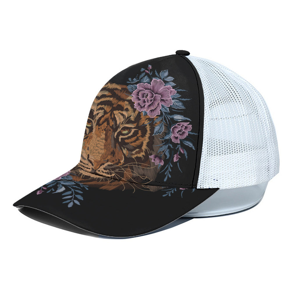 Embroidery Tiger And Flower Print White Mesh Trucker Cap