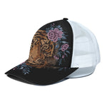 Embroidery Tiger And Flower Print White Mesh Trucker Cap