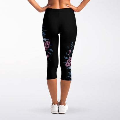 Embroidery Tiger And Flower Print Women's Capri Leggings
