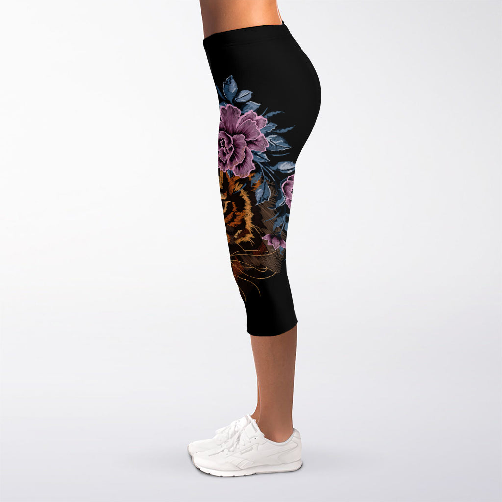 Embroidery Tiger And Flower Print Women's Capri Leggings